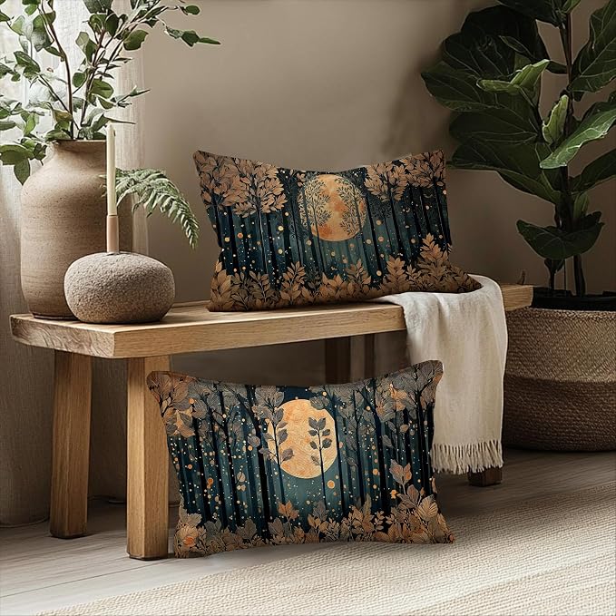 Vintage William Morris Inspired Gold Forest Moon Pillow Covers 20x12 Set of 2,Rustic Black and Gold Moon Nature Landscape Botanical Decorative Throw Pillow Covers for Home Bedroom Living Room