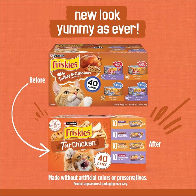 Purina Friskies Wet Cat Food Gravy Variety Pack, TurChicken Extra Gravy Chunky, Meaty Bits and Prime Filets - 5.5 oz. Cans (Pack of 80)