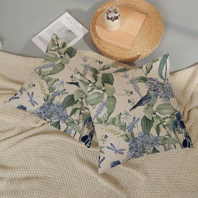 Chinoiserie Pillow Covers 18x18 Set of 2 Blue Green Floral Bird Pillow Cases Vintage Flower Seasonal Outdoor Throw Pillows Linen Farmhouse Chinoiserie Decorative Cushion Case for Couch Sofa