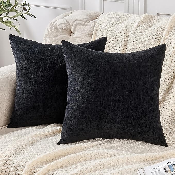 GAWAMAY Decorative Chenille Throw Pillow Covers 24x24 Inch Pack of 2, Soft Square Couch Pillow Cover for Sofa Cushion Living Room Bedroom Solid Dyed Pillowcases Black 60x60cm (ONLY Covers)