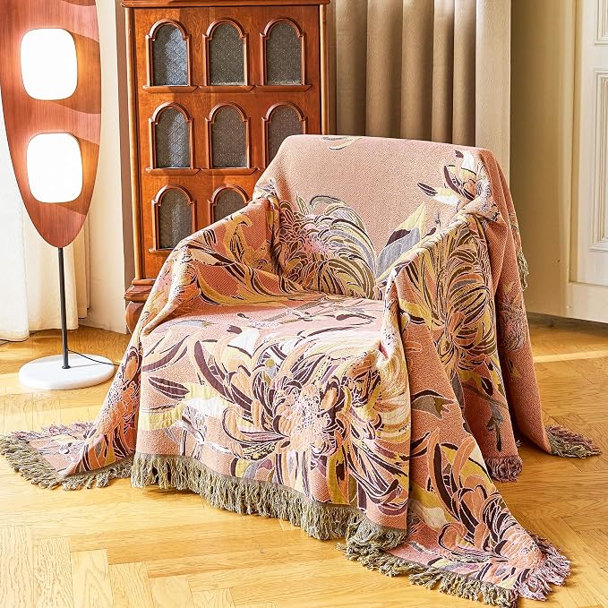 VANJOROY King Boho Throw Blanket 91" x 98", 100% Organic Cotton Breathable Skin-Friendly Ultra Soft Bed Quilt Throw - Floral Rustic Decor Luxury Reversible Blanket for Sofa Couch Chair and Gift