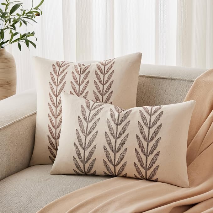 Farmhouse Leaves Lumbar Pillow Covers Set of 2, 12x20in Chocolate | 100% Organic Cotton, Rustic Accent Print Pillow Case, Pastoral Decorative Cushion Covers for Sofa Bed Living Room Home Decor