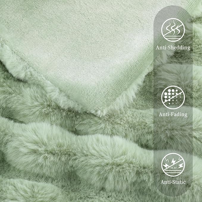 Faux Rabbit Fur Throw Blanket for Couch Gifts for Women, 60"x80" Sage Green | Cozy Reversible Fluffy Throw, Luxury Plush Thick Bubble Blanket, Mothers Gifts for Women, Soft Warm for Bed, Home Decor