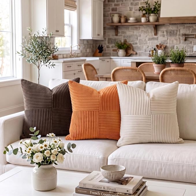 Fancy Homi 2 Packs Burnt Orange Big Decorative Throw Pillow Covers 24x24 Inch for Living Room Couch Bed, Farmhouse Boho Home Decor, Soft Corss Corduroy Patchwork Accent Square Cushion Case 60x60 cm