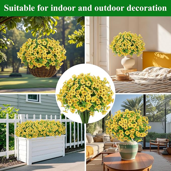 12 Pcs Artificial Flowers for Outdoors Decorations, Yellow | Lifelike silk flowers, UV resistant, faux plastic plants, for garden porch window table vase home indoor outdoor decor