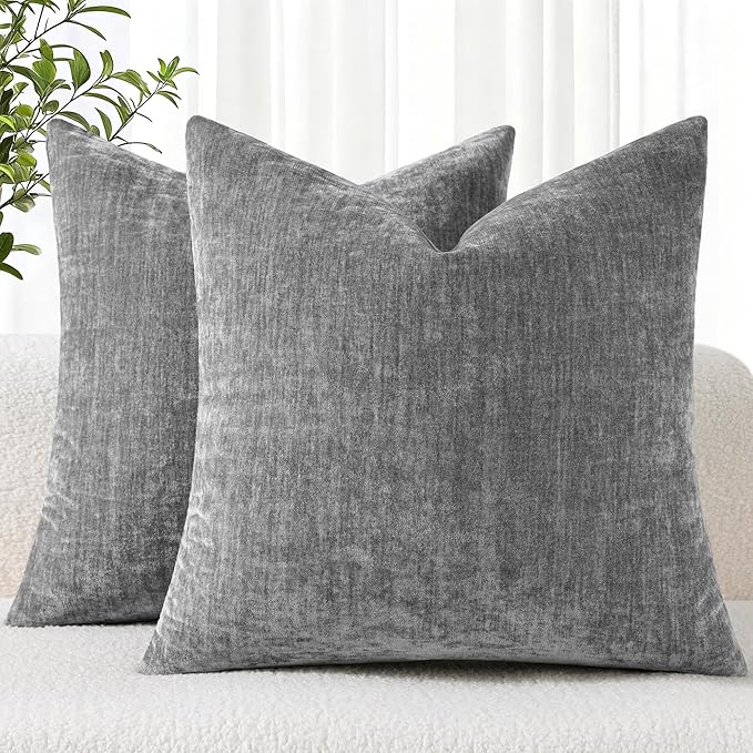 decorUhome Soft Chenille Dark Grey Throw Pillow Covers 20X20 Set of 2 | Decorative Fall Couch Pillow Covers Solid Dyed Accent Modern Farmhouse Neutral Square Pillow Cases for Sofa