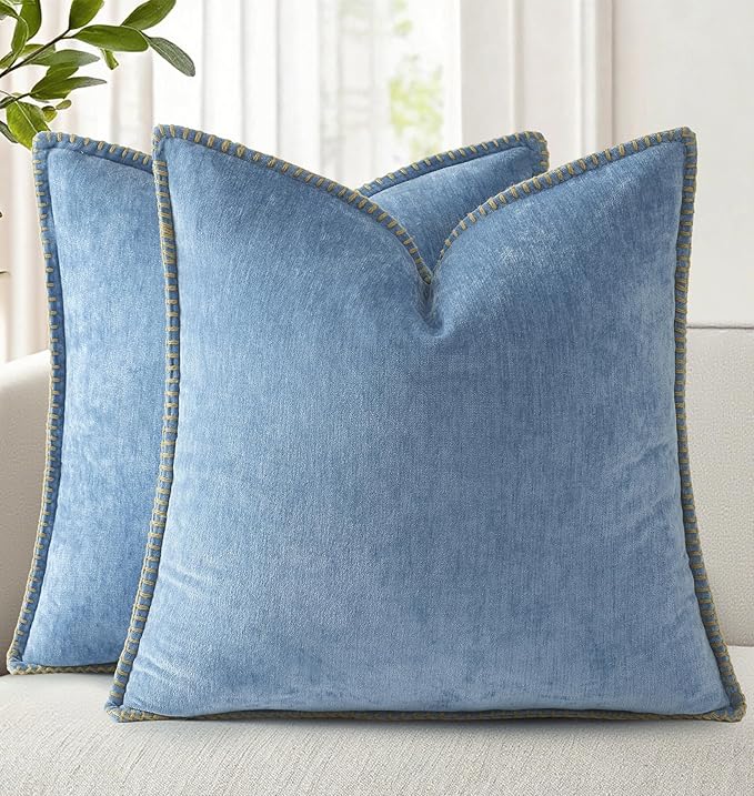 decorUhome Soft Chenille Throw Pillow Covers 18x18 Set of 2 Blue | Fall Textured Decorative Throw Pillow Cases Stitched Edge Modern Farmhouse Luxury Boho Velvet for Couch Sofa Bed Home Decor