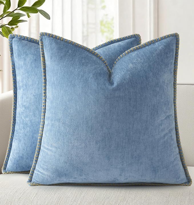 decorUhome Soft Chenille Throw Pillow Covers 20x20 Set of 2 Blue | Fall Textured Decorative Throw Pillow Cases Stitched Edge Modern Farmhouse Luxury Boho Velvet for Couch Sofa Bed Home Decor