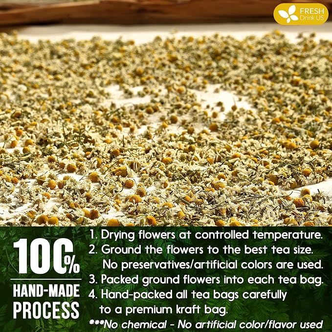 FRESHDRINKUS, 135 Chamomile Tea Bags, 100% Natural and Pure Chamomile Flowers, Eco-conscious Tea Bags. Chamomile Flower Herbal Tea. No Sugar, No Caffeine, No Gluten, Vegan.