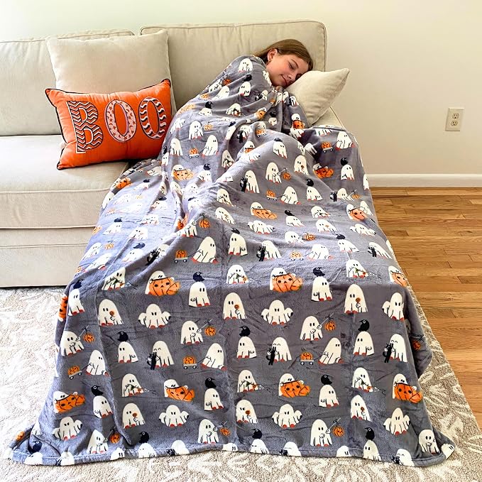 Halloween Ghost Fleece Throw Blanket, Cute Baby Ghost Party, Gray, 50x70 in | Ultra-soft cozy flannel fleece, for sofa couch bed chair & dorms, spooky Halloween décor, durable and machine washable.
