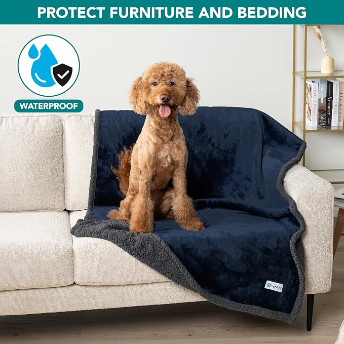PetAmi Waterproof Dog Blanket for Large Dog Cat Pet, 60x80, Blue Grey | 460 GSM Sherpa Fleece Reversible, Pee Proof, Furniture Protector Cover for Couch Sofa Bed Kennel, Washable, Extra Large
