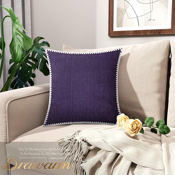 BRAWARM Chenille Throw Pillow Covers 20x20 Inches, Purple, 2 Pack | Decorative Pillow Covers with Shell Edge, Soft Cushion Cases for Sofa Bed Living Room Home Farmhouse (No Insert)