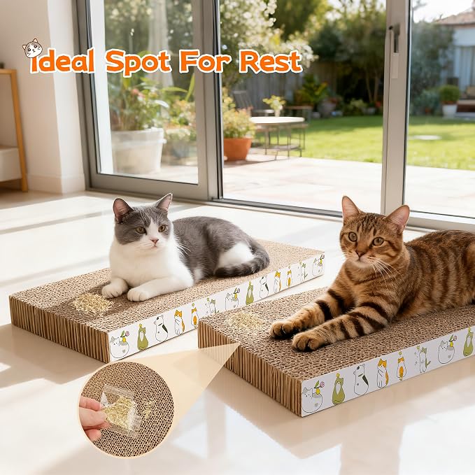 PatiencET 2 Pack Cardboard Cat Scratcher Pad with Catnips | Flat Double-Sided Cat Scratching Board for Small Medium Cats Kittens