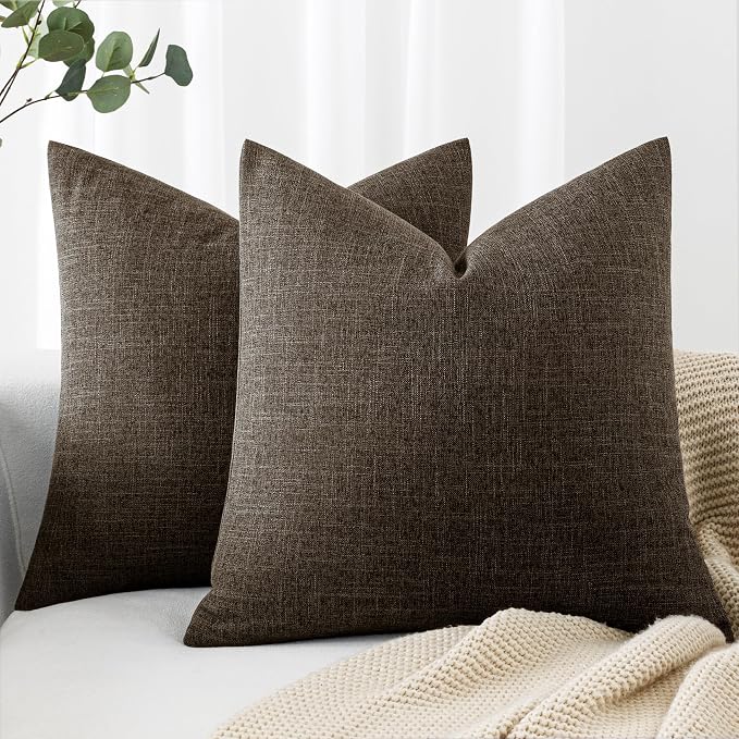 MIULEE Pack of 2 Decorative Linen Burlap Pillow Covers Farmhouse Boho Accent Pillowcases Home Decor for Couch Sofa Bedroom Living Room 20x20 Inch Dark Brown