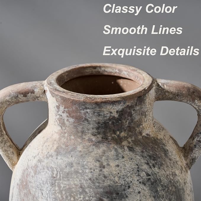 PORCER 9.84 Inch Ceramic Vase with Handles, Tuscan Decor Antique Terracotta Vase, Rustic Decorative Flower Vase for Home Decor, Farmhouse, Living Room, Table, Bedroom, Office, Entrance- Gray