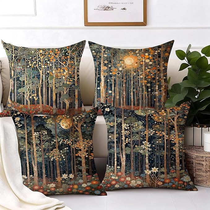 454 Rustic William Morris Style Fall Forest Pillow Covers 22x22 | Fall Autumn Home Room Decor, Vintage Botanical Nature Decorative Throw Pillow Covers for Home Bedroom Living Room Set of 4