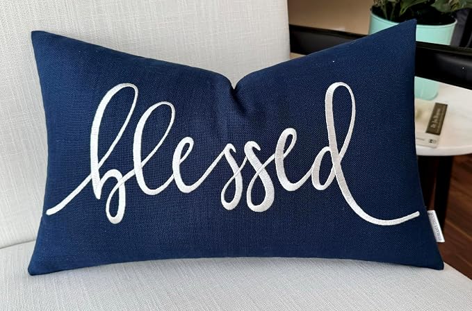 EURASIA DECOR Blessed Embroidered Lumbar Pillow Cover 12x20, Navy Blue | Raised ivory script on navy blue; scripture faith gift, cotton, hidden zip, solid back, cover only