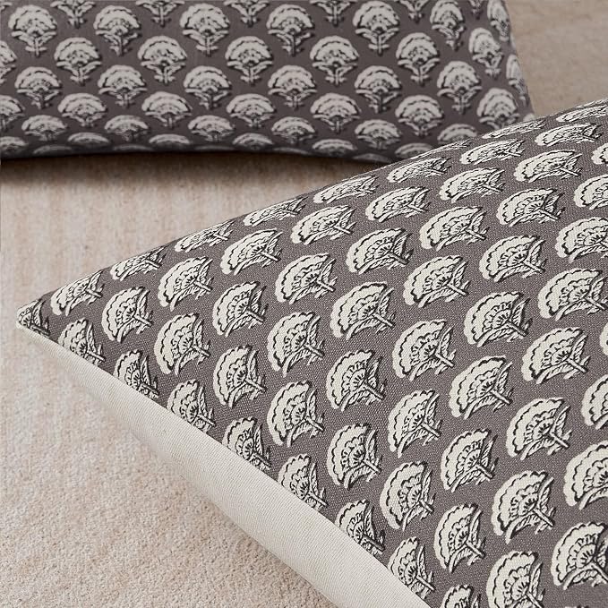 MIULEE Floral Print Decorative Pillow Covers 20x20, Stone Grey | Vintage Boho Farmhouse Modern Home Decor, Set of 2, Block Print Cushion Covers for Couch Sofa Bed Living Room