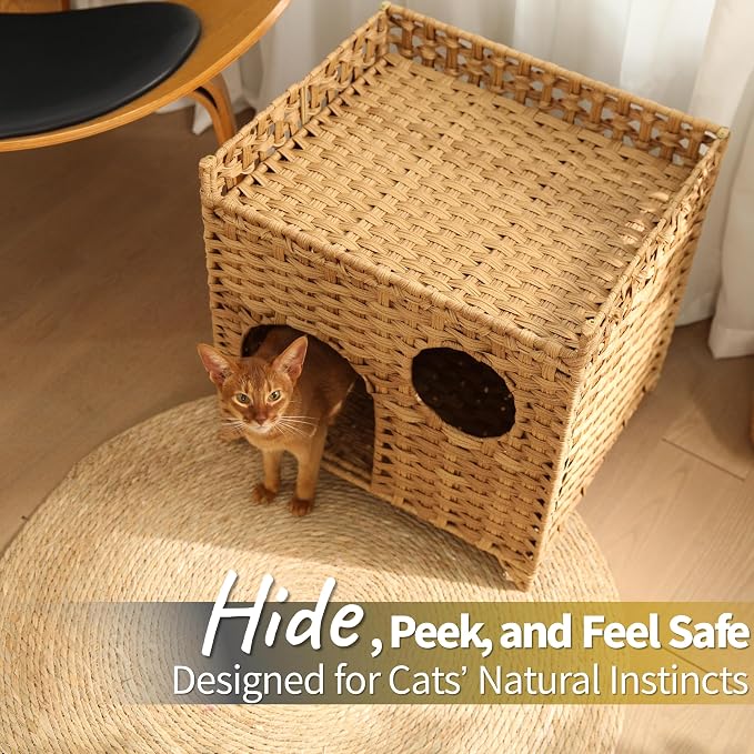 Handwoven Wicker Cat House with Peekaboo Window, for 1-2 Cats Under 20 lb | Woven wicker and raised base for airflow, cool for summer use. Natural furniture look. Rinse clean. Pop open and no assembly.