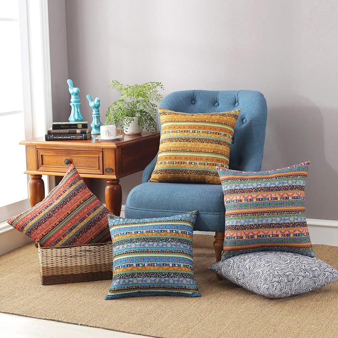 TAOSON Red Stripe Bohemian Style Antique Cotton Blend Linen Sofa Throw Pillowcase Cushion Cover Pillow Cover with Hidden Zipper Closure Only Cover No Insert 18x18 Inch 45x45cm