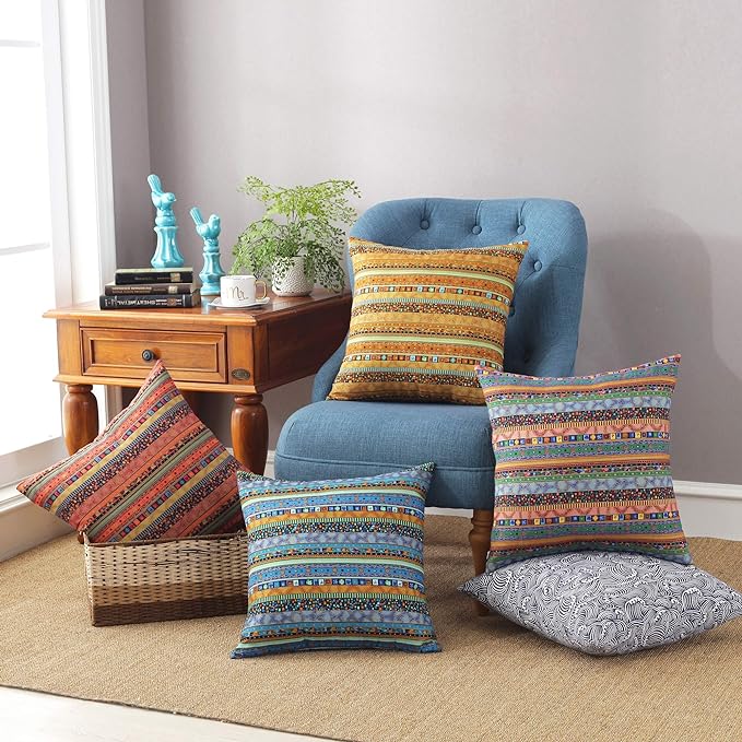 TAOSON Light Gold Stripe Bohemian Style Antique Cotton Blend Linen Sofa Throw Pillowcase Cushion Cover Pillow Cover with Hidden Zipper Closure Only Cover No Insert 18x18 Inch 45x45cm