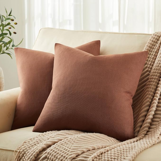 Rustic Linen Throw Pillow Covers Set of 2, Terracotta 20x20in | Textured Pillow Case, Rustic Cotton Linen Fabric, Modern Farmhouse Cushion Covers for Sofa Bed Living Room Home Decor