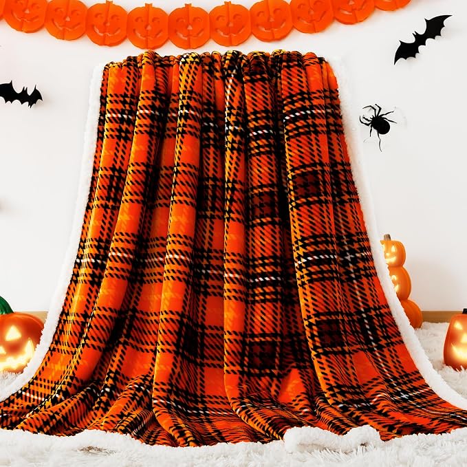 Sherpa Halloween Plaid Throw Blanket(60" X 70", Plaid Orange), Fuzzy Fluffy Cozy Soft Blanket, Fleece Flannel Plush Twin Size Microfiber Blanket for Couch Bed Sofa