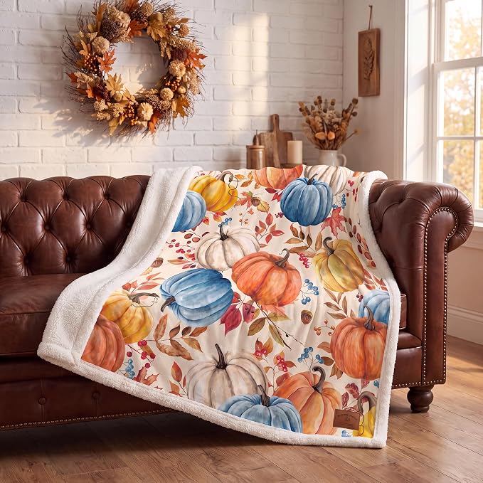 Fall Pumpkins Throw Blanket, Autumn Orange White Blue Pumpkins Leaves and Berries Soft Warm Fleece Blanket for Living Room Couch Bed Chair or Dorm, 50"x60"