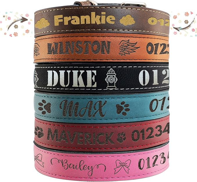 Personalized Leather Dog Collar | 3 Adjustable Sizes - 9 Icons with Your Pet's Name | Small - Rustic | - Safe&Secure Pet Collars with ID, Custom Text for Dogs and Puppy - Small Medium Large Puppies