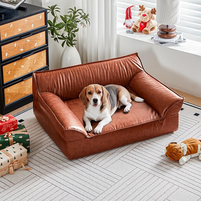 Large Leather Dog Sofa Pet Bed Couch for Large and Medium Dogs Under 70 lbs | Brown Luxurious Vintage Elevated Dog Sofa, Chaise Indoor Furniture Style Pet Supplies Low Maintenance