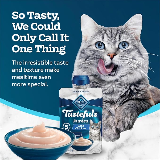 Blue Buffalo Tastefuls Purees Chicken Cat Food Topper, 3 oz, 12 ct | Resealable Twist Cap, Serve Over Food or as a Snack, Cat Food Complement