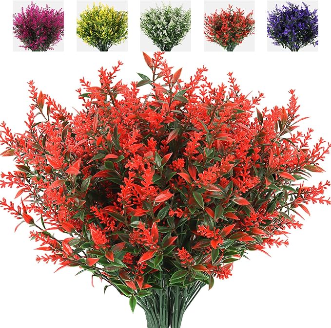 RECUTMS Artificial Lavender Flowers Plants 8 Bundles UV Resistant Boxwoods | Artificial Plastic Greenery Shrubs Plants Fall Eucalyptus Stems for Planter Kitchen Home Wedding Office Garden Festival Decor