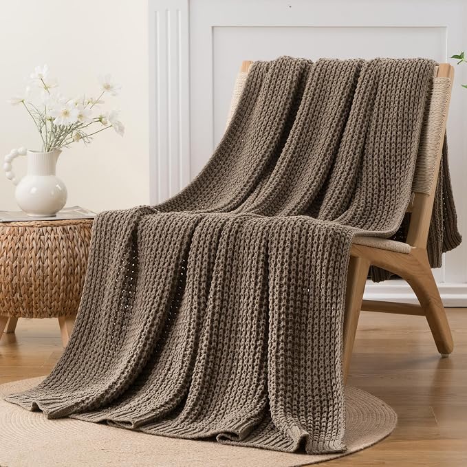 Knitted Waffle Throw Blanket , Camel Tan Throw Blanket for Couch 60x80in | Cozy Chunky Knit Throw Blanket Soft Warm Throws for Men Father Birthday Gifts, Modern Farmhouse Knitted Style