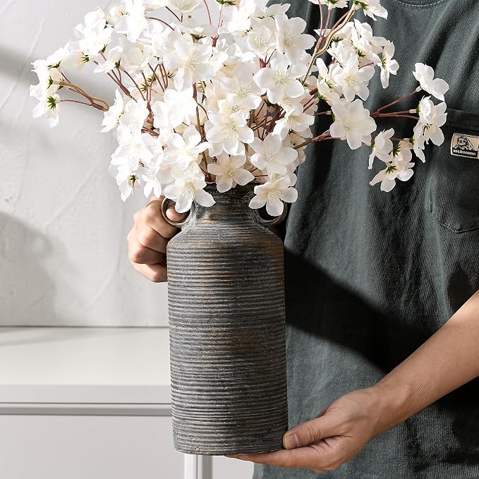Vaseking Ceramic Rustic Vase with 2 Round Handles, Antique Farmhouse Flower Vase, Vintage Terracotta Vases for Home Decor, Wedding, Living Room, Table, Shelf Decor - 10.2 Inch Tall, Black Bronze