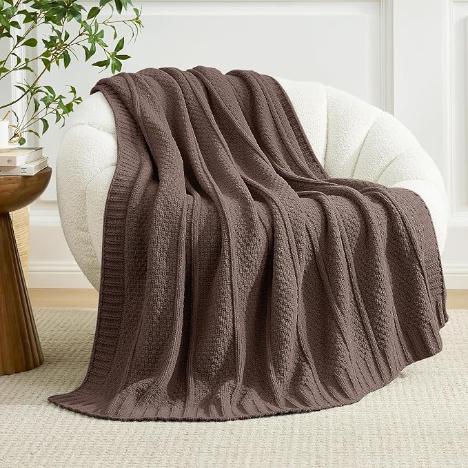 Chenille Throw Blanket for Couch, Soft Cozy Chunky Knit Blanket, Moss Stitch Throw for Sofa, Bed, Living Room, Lightweight Warm Home Decor, Dark Brown 60"x80"