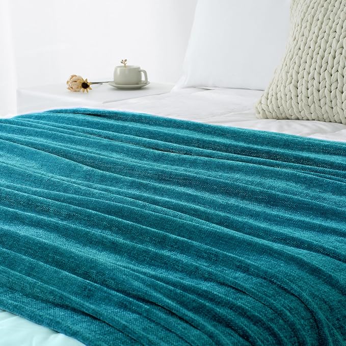 Chenille Throw Blanket for Couch 50" x 60", Teal | Soft Cozy Warm Throws with Fringe Tassel, for Living Room Bed Sofa Chair Cover, Lightweight Knitted Decorative Boho Blankets