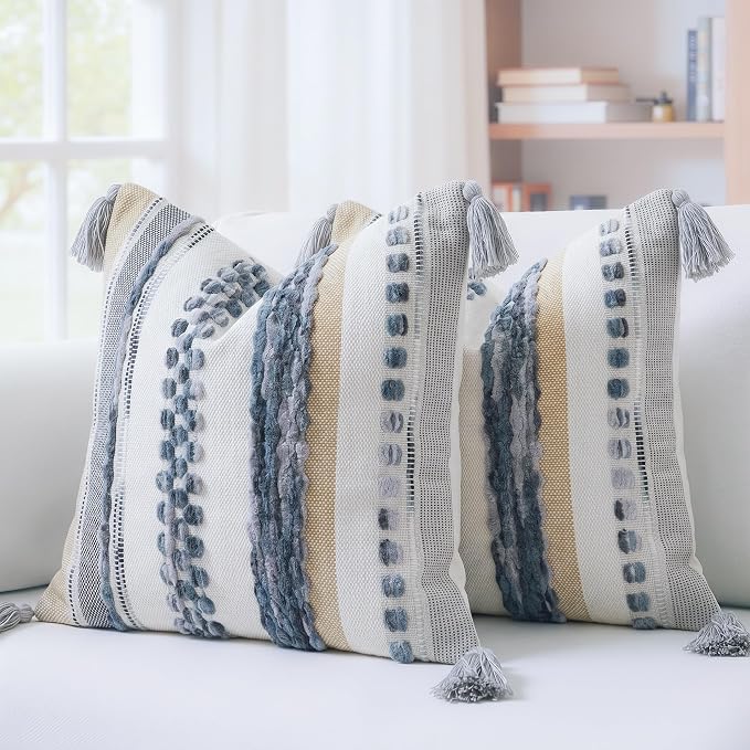 PANOD Chenille Farmhouse Throw Pillow Covers 16 x 16 Grey, Neutral Boucle Couch Pillow Cover, Striped Decorative Boho Coushion Cover Pillow Case for Couch Bed Sofa Bedroom,Modern Accent,Set of 2