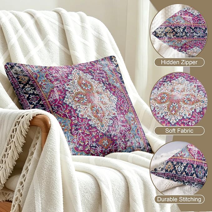 Boho Throw Pillow Covers 18x18 inch Set of 2,Soft Pillowcases Bohemia Carpet Printing Pattern Decorative Sofa Living Room Bed Square Pillow Case Cushion Cover-Purple