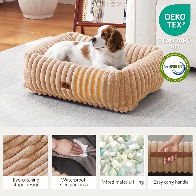 Washable Dog Bed Small Medium Size Dog, Rectangle Orthopedic Pet Bed for Car and Indoor,Fluffy Memory Foam Dog Beds with Anti-Slip Bottom,Camel (25x21x7 inches)
