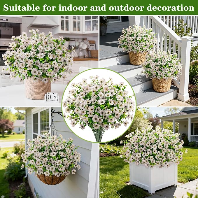 24 Pcs Artificial Flowers for Outdoors Decorations, White | Lifelike silk flowers, UV resistant, faux plastic plants, for garden porch window table vase home indoor outdoor decor