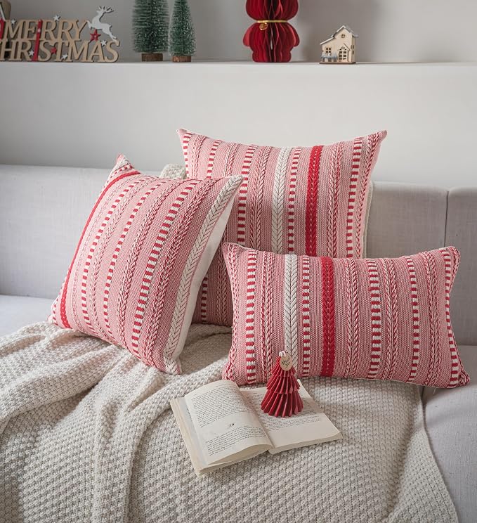 Cethom Christmas Pillow Covers 20x20 Inch Set of 2, Farmhouse Boho Christmas Decoration Couch Pillow Cases, Red Accent Pillows of Bed, Sofa Bedroom Living Room Home Decor Cushion Cover