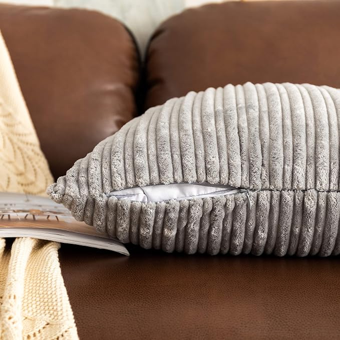 UGASA Pack of 2, Velvet Pillow Covers Striped, Soft Textured Throw Cushion Case Set, Accent Corduroy Lumbar Pillowcases with Hidden Zipper for Home Decor Indoor Outdoor (12"x20", Light Grey)