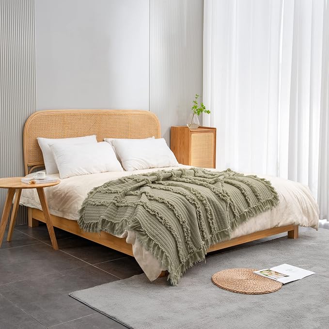Ultra Soft Pre-Washed Quilted Throw Blanket, Ruffle Fringed Olive Green Decorative Throw, Sage Green Stone Washed Chic Rustic Blanket for Sofa Couch Bed, 50"x 60"