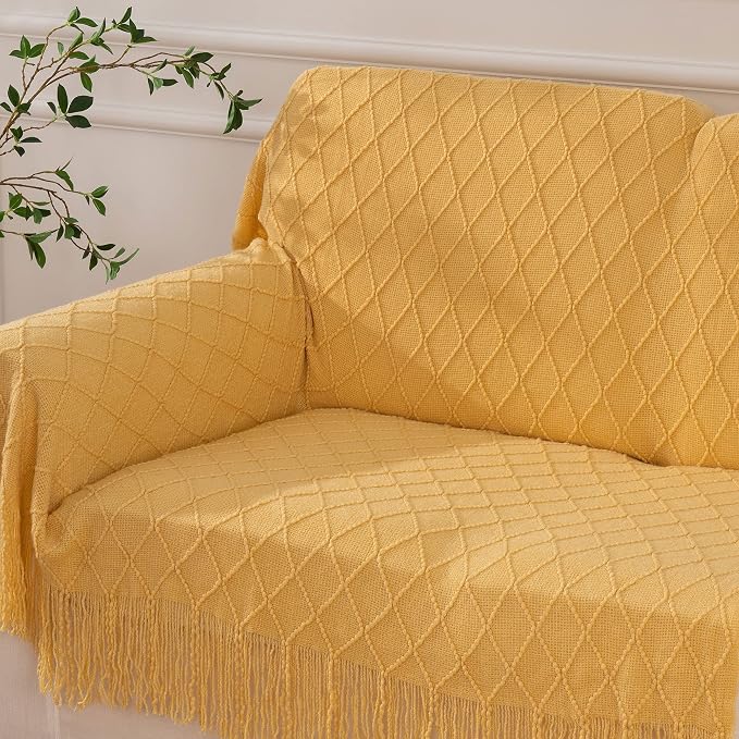 BATTILO HOME Mustard Throw Blanket with Fringe Geometric Bed Gold Yellow Throws Breathable Decorative Large Throw for Couch Sofa Indoor Outdoor (Mustard, 50"x60")