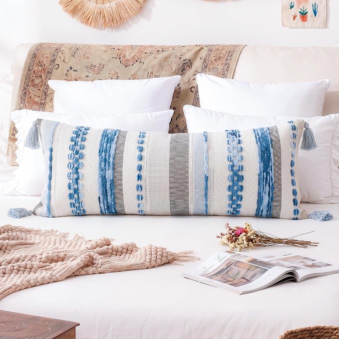 PANOD Boho Long Lumbar Throw Pillow Cover 14 x 36 Blue, Chenille Morocan Extra Long Pillow Case Cover, Decorative Long Pillow for Bed Couch Sofa Farmhouse