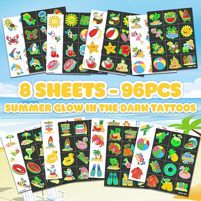 96 PCS Hello Summer Beach Pool Hawaiian Pre-Cut Luminous Glow in the dark Temporary Tattoos for Kids | Super Cute Themed Birthday Party Favors Supplies Decorations, Fake Tattoos Gifts for Boys Girls