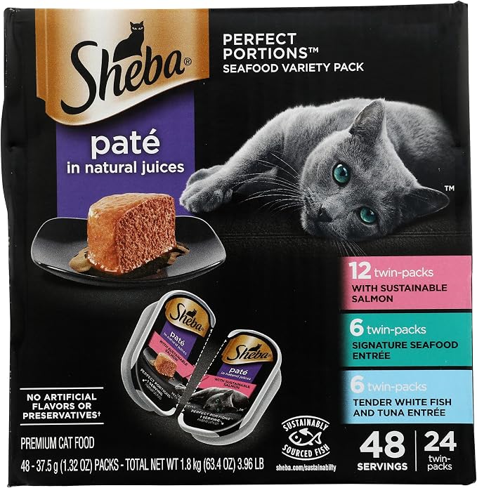 Sheba Perfect Portions Pate Wet Cat Food, Seafood Variety, 2.6 oz, 24 ct | Grain-free, made in USA, Sustainable Salmon, Signature Seafood & Whitefish Tuna, no artificial flavors, twin-pack trays