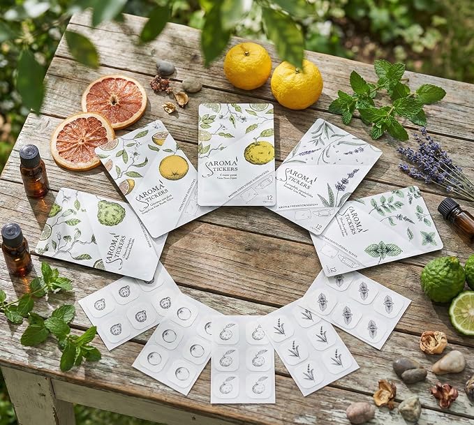 AROMA STICKERS® (Yuzu, Pack of 1) - 100% Natural Essential Oil Mask Stickers for Face Mask & Pillow (12 Stickers/pc) -Pure Essential Oil Scented Mask Patch/Personal Aroma/Relaxing