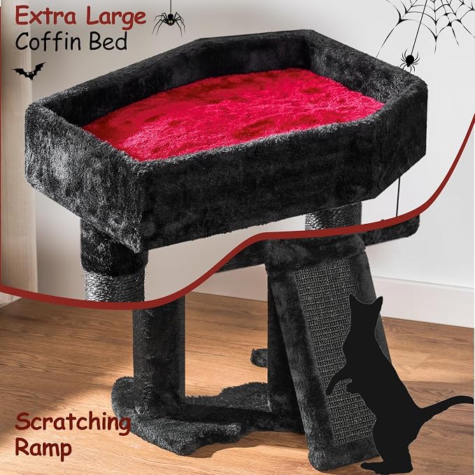 BEWISHOME Cat Tree Tower for Indoor Cats, Gothic Cat Trees with Coffin Bed | Goth Cat Tree/Condo/House with Scratching Posts, Cat Shelves with Spider Toy, Pet Play Activity Center Black with Red MMJ95R