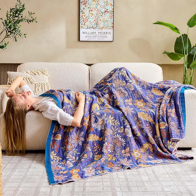XIBLC Boho Blanket, 100% Cotton Farmhouse Decorative Throw Blanket, 60"x80" Reversible Bohemian Throw Blanket, Purple All Season Muslin Breathable Woven Blankets Quilt
